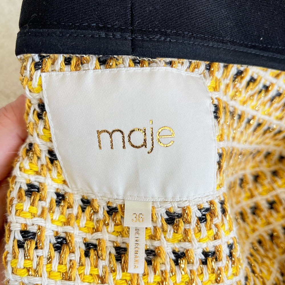 Ma­je Visidore Tweed Cardigan Sweater Blazer Jacket Yellow Gold Black 36 S Small - Picture 5 of 8